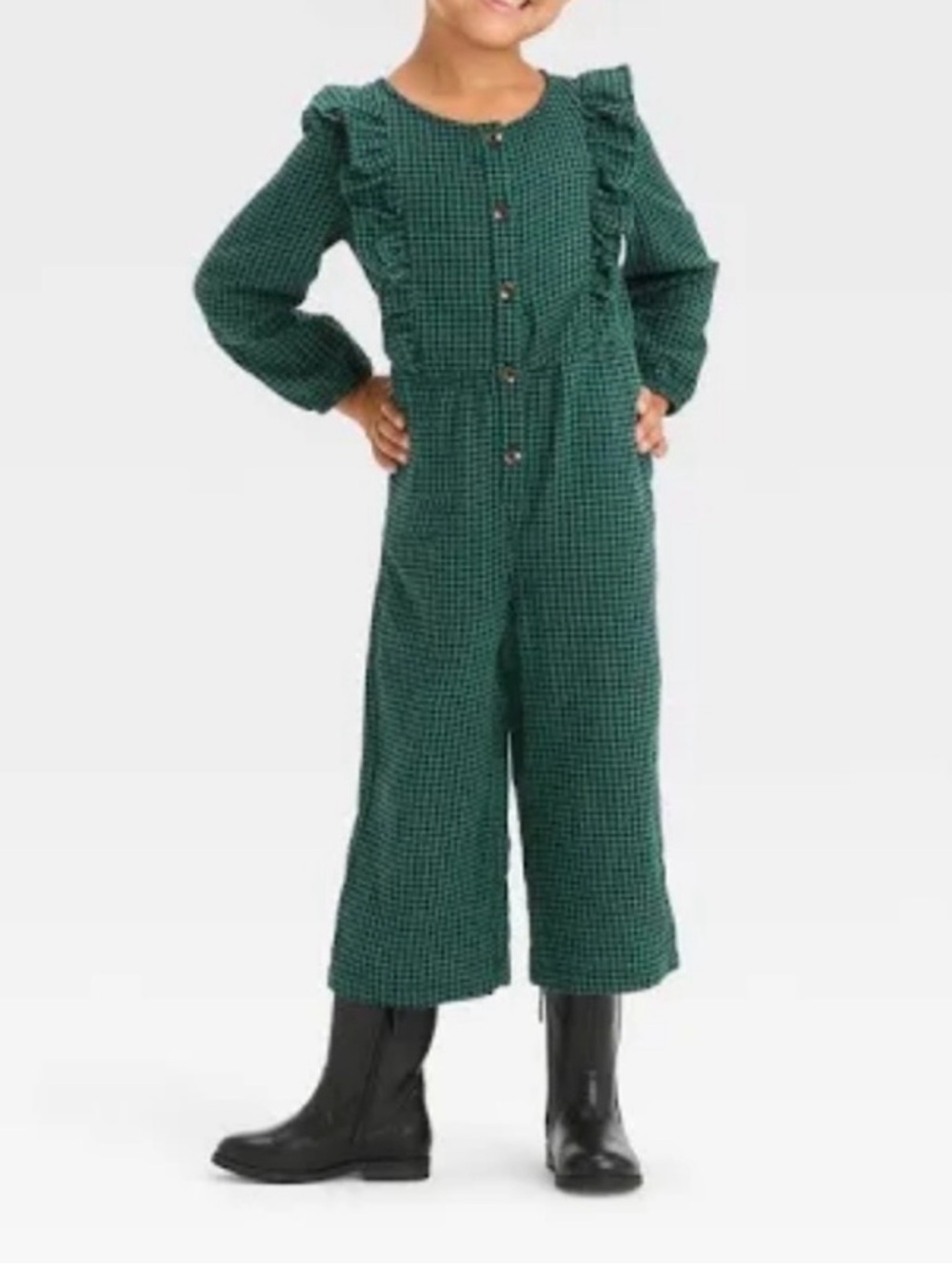 Cat & Jack Girls Green houndstooth Button-Front ruffle sleeve Jumpsuit